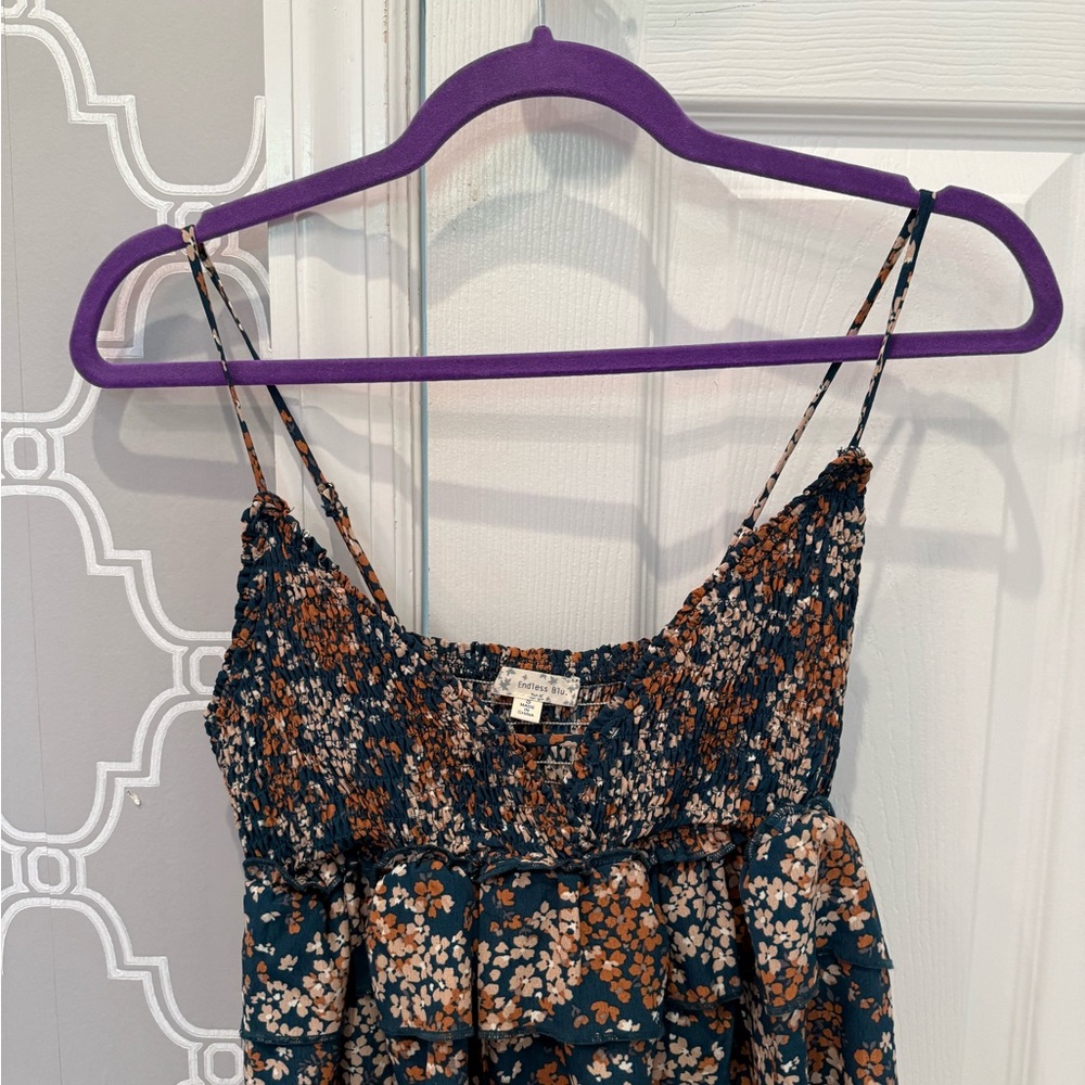 Floral Smocked Spaghetti Strap Blouse - Teal & Brown
